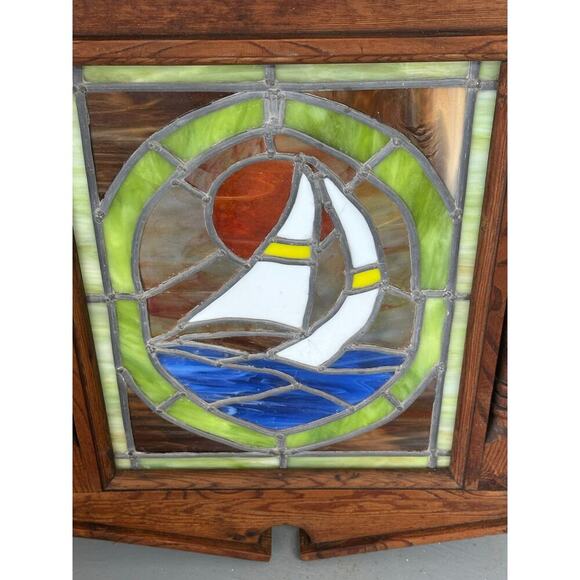 30x18 Vtg Stained Glass Window Hanging English Old World Sailing Ship Boat Decor - Picture 3 of 4